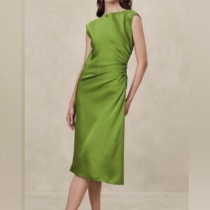 Banana Republic Shirred Side Satin Midi Dress Green SZ 10 Wedding Guest Formal